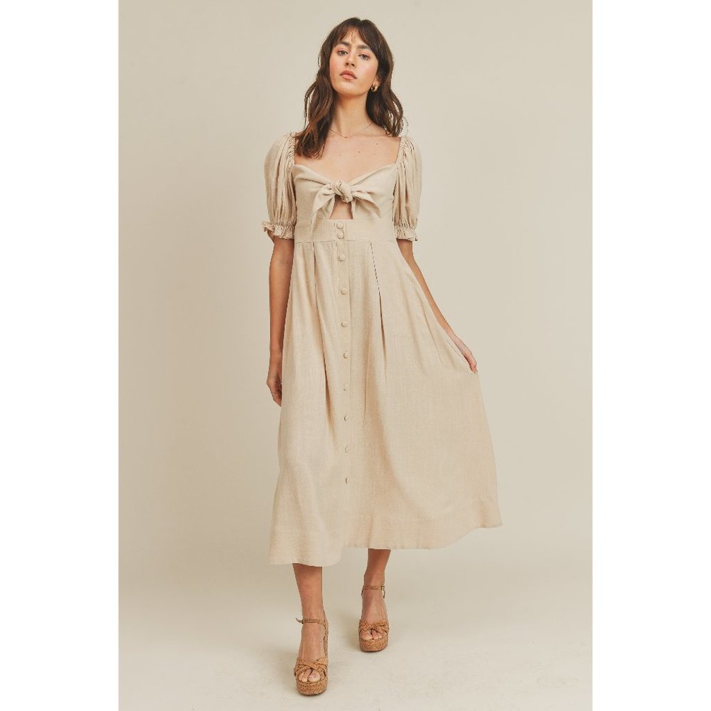 FRONT RIBBON SELF TIE CUT OUT MIDI DRESS